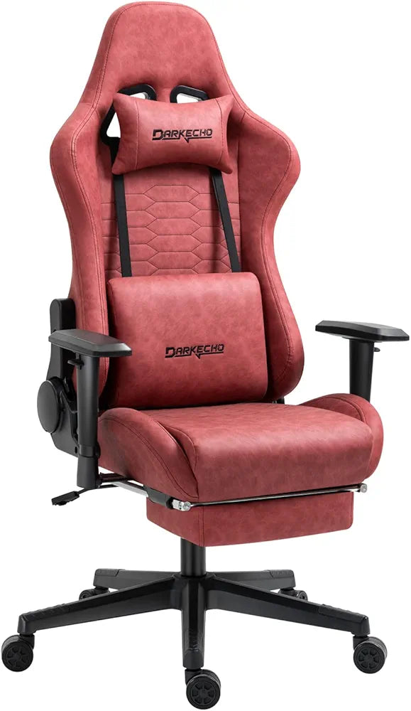 arkecho Gaming Chair with Footrest, Massage, Vintage Style, Leather, Ergonomic, Reclining, Adjustable, Lumbar Support - Gray 