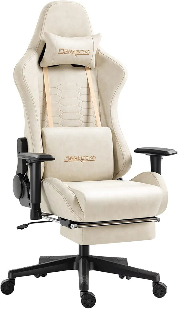 arkecho Gaming Chair with Footrest, Massage, Vintage Style, Leather, Ergonomic, Reclining, Adjustable, Lumbar Support - Gray 