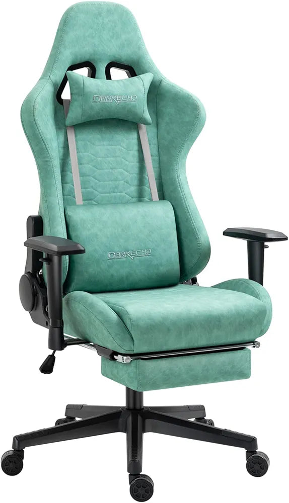 arkecho Gaming Chair with Footrest, Massage, Vintage Style, Leather, Ergonomic, Reclining, Adjustable, Lumbar Support - Gray 